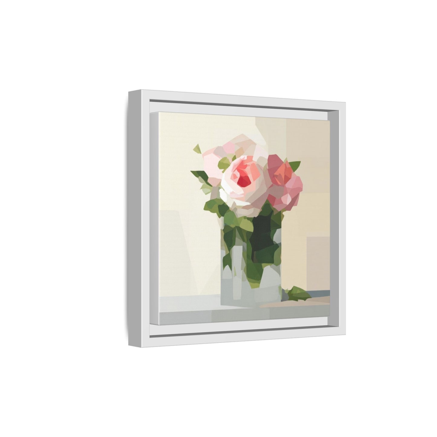 Framed Floral Canvas Print — Geometric Pink Rose Wall Art