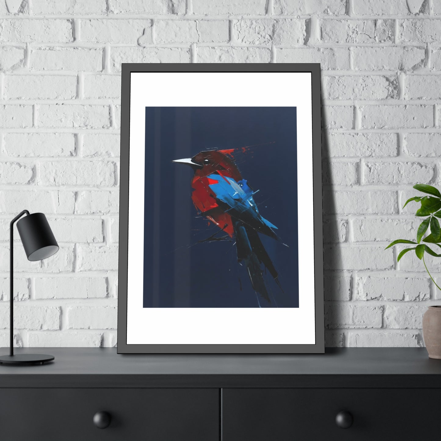 Framed Bird Art Print — Modern Red & Blue Kingfisher Poster