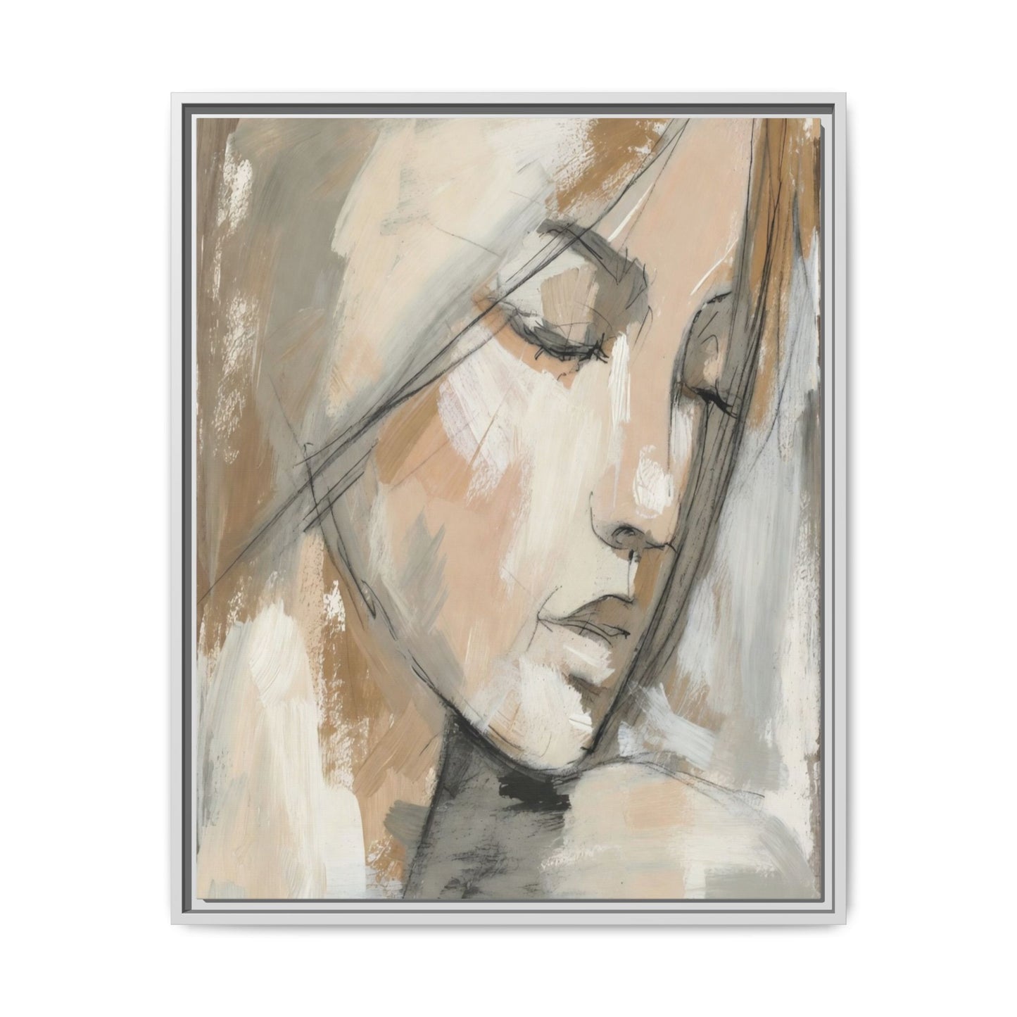 Framed Matte Canvas Art — Serene Abstract Portrait in Neutrals
