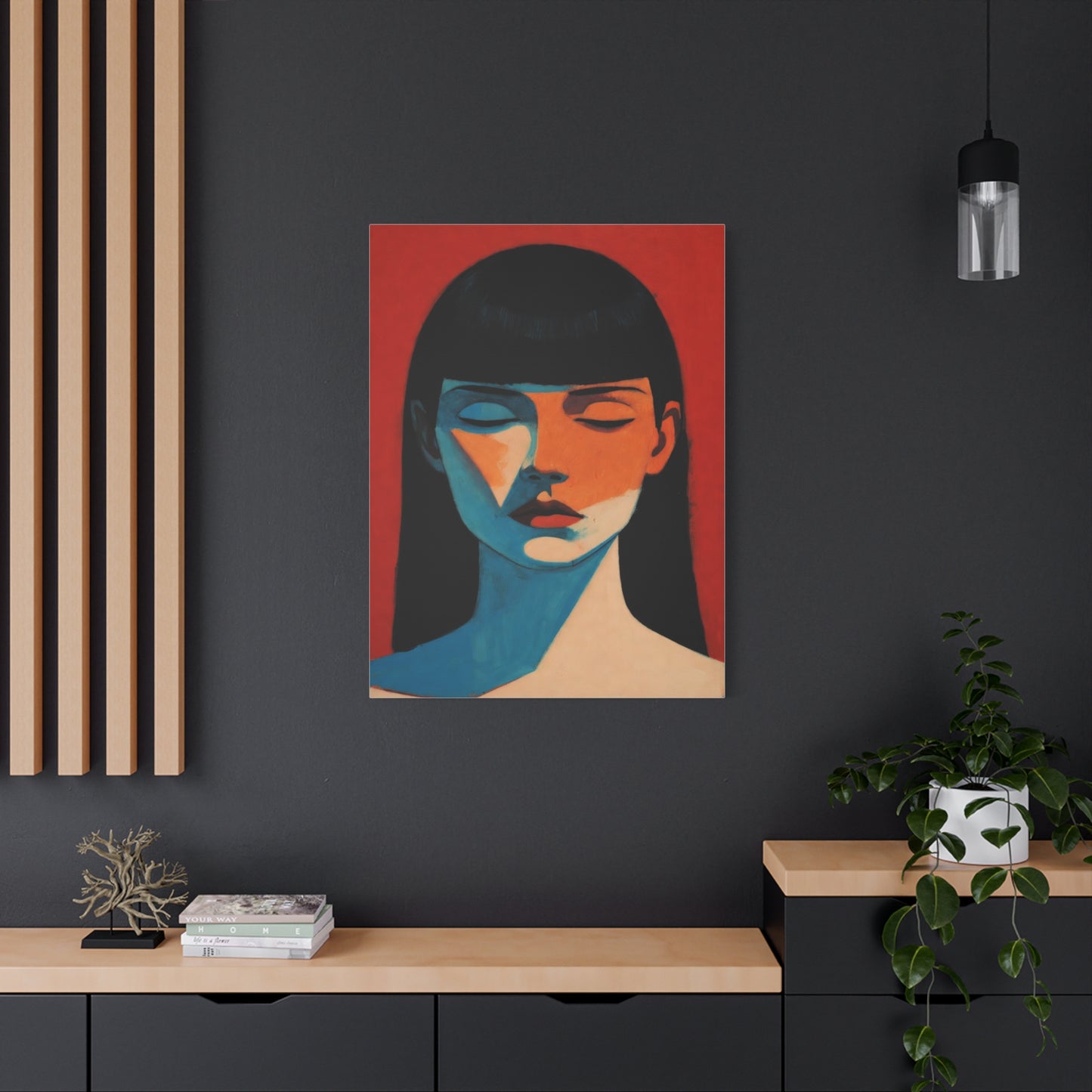 Portrait Canvas Wall Art — Modern Minimalist Woman in Red & Blue
