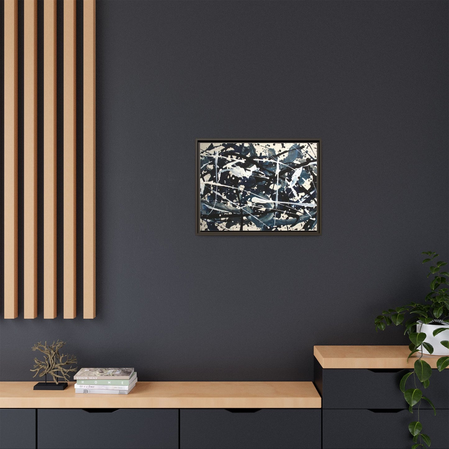 Abstract Splatter Matte Canvas Framed Wall Art — Black & Blue Modern Art Print