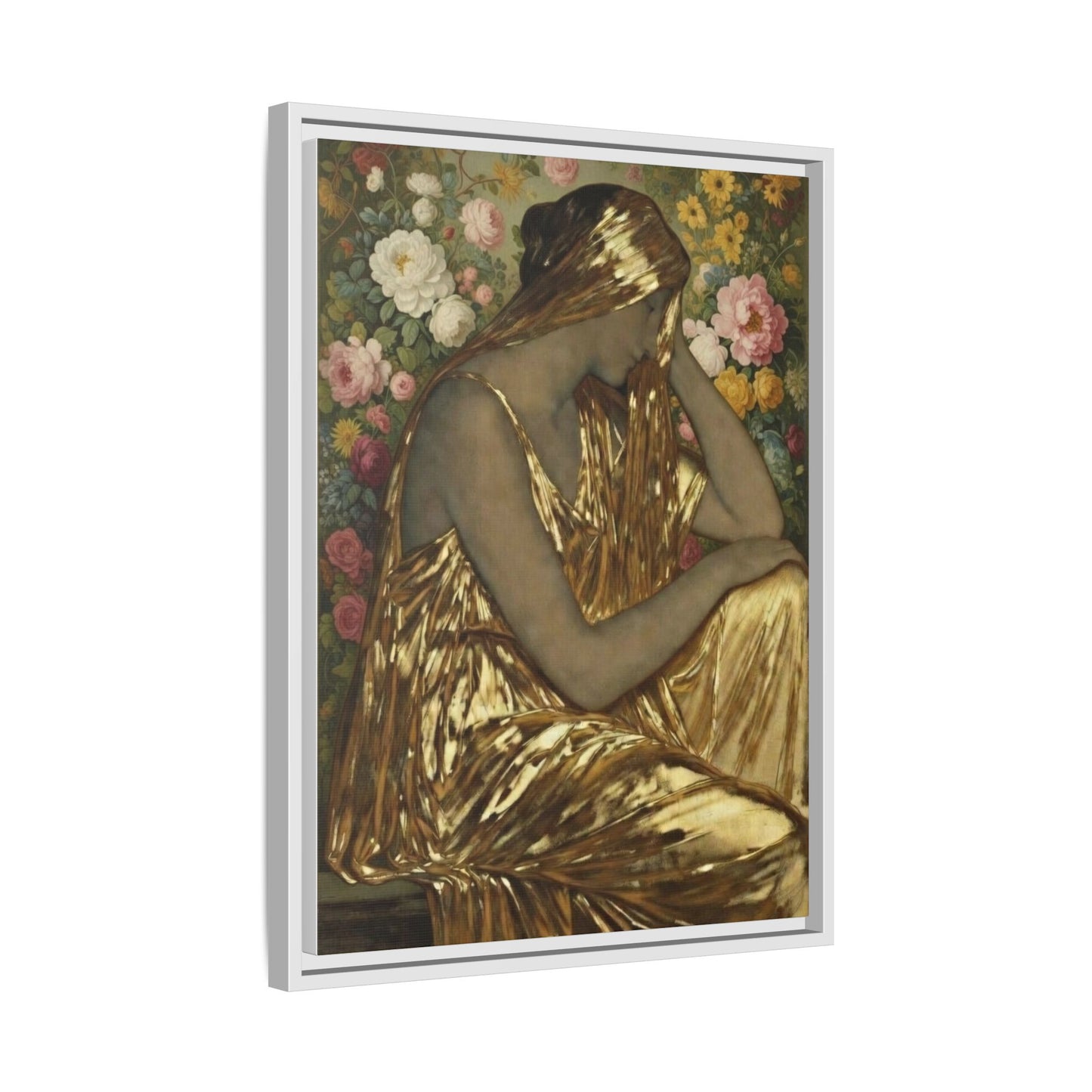 Framed Canvas Art Print — Golden Muse Woman with Floral Background