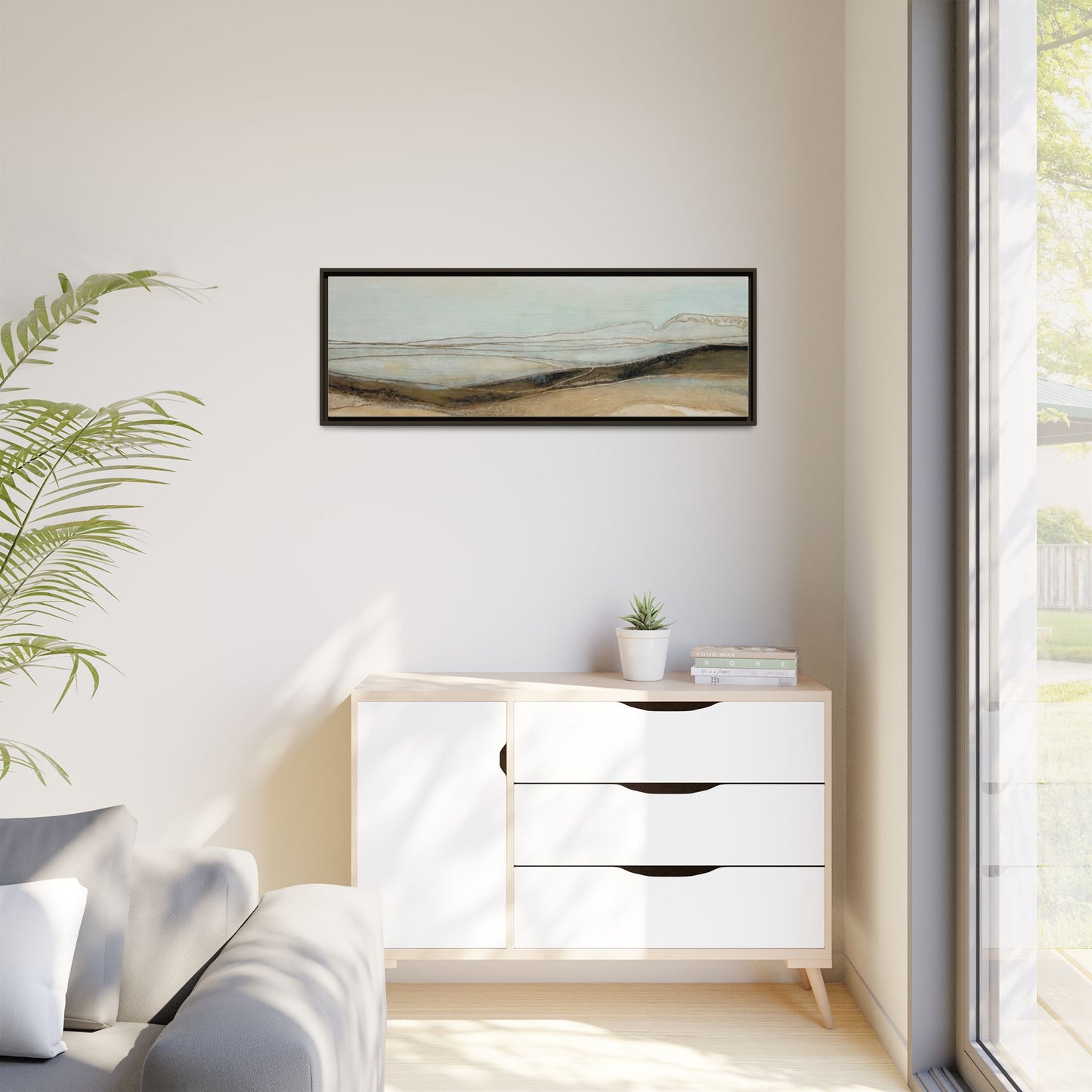 Framed Matte Canvas Wall Art — Neutral Abstract Landscape in Soft Blues & Earth Tones