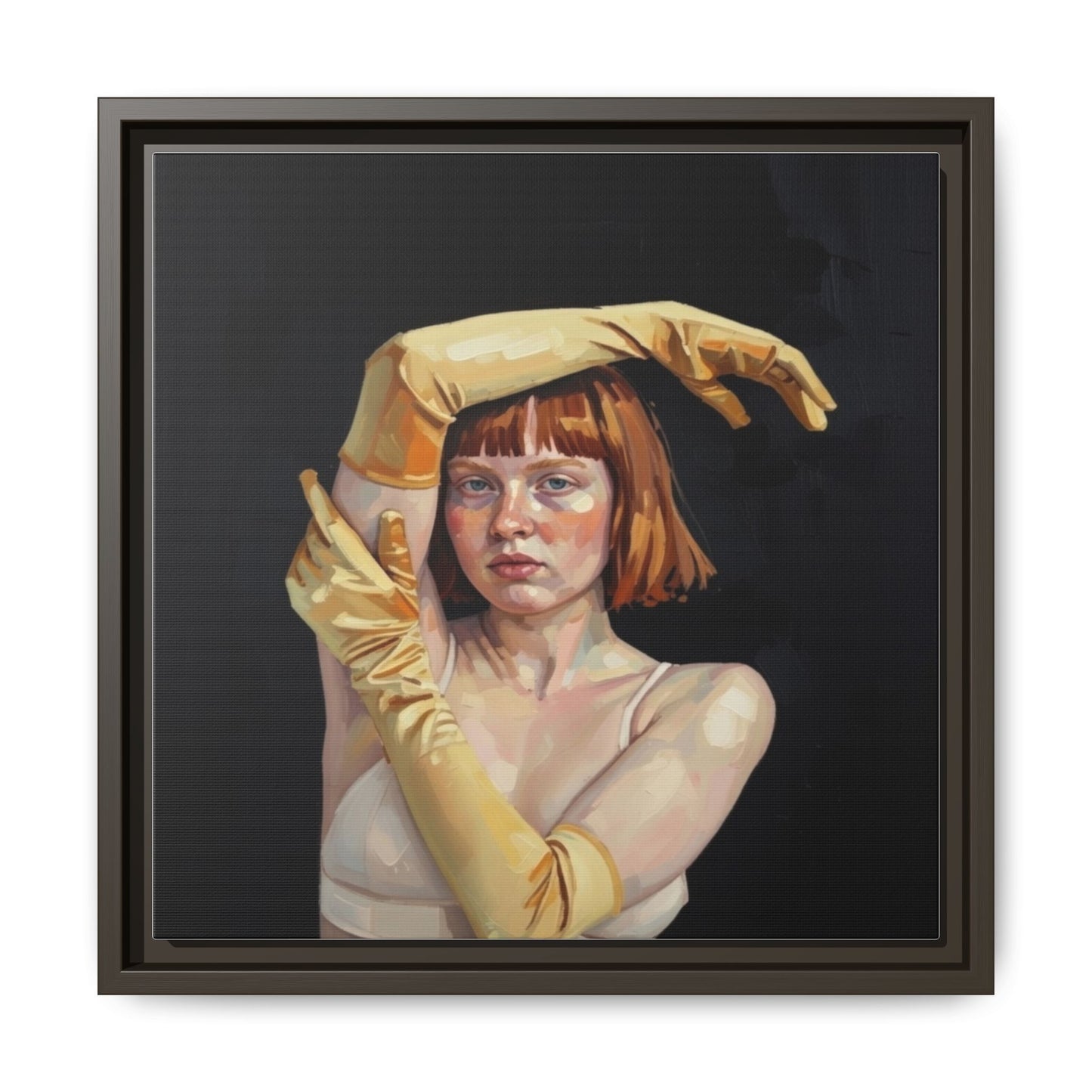 Framed Matte Canvas Art – Portrait of Woman in Yellow Gloves