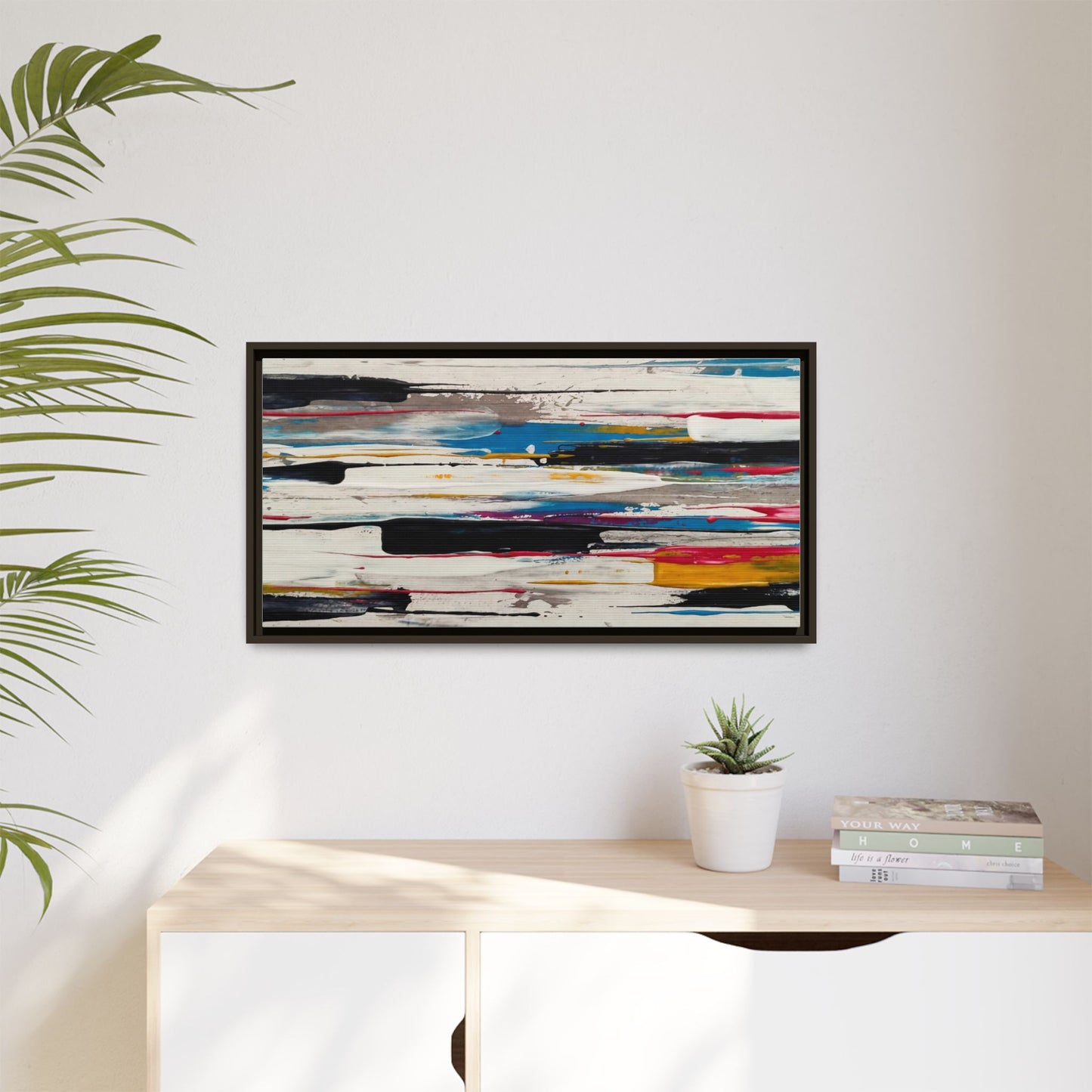 Abstract Multi-Color Framed Canvas Wall Art — Modern Horizontal Brushstroke Print