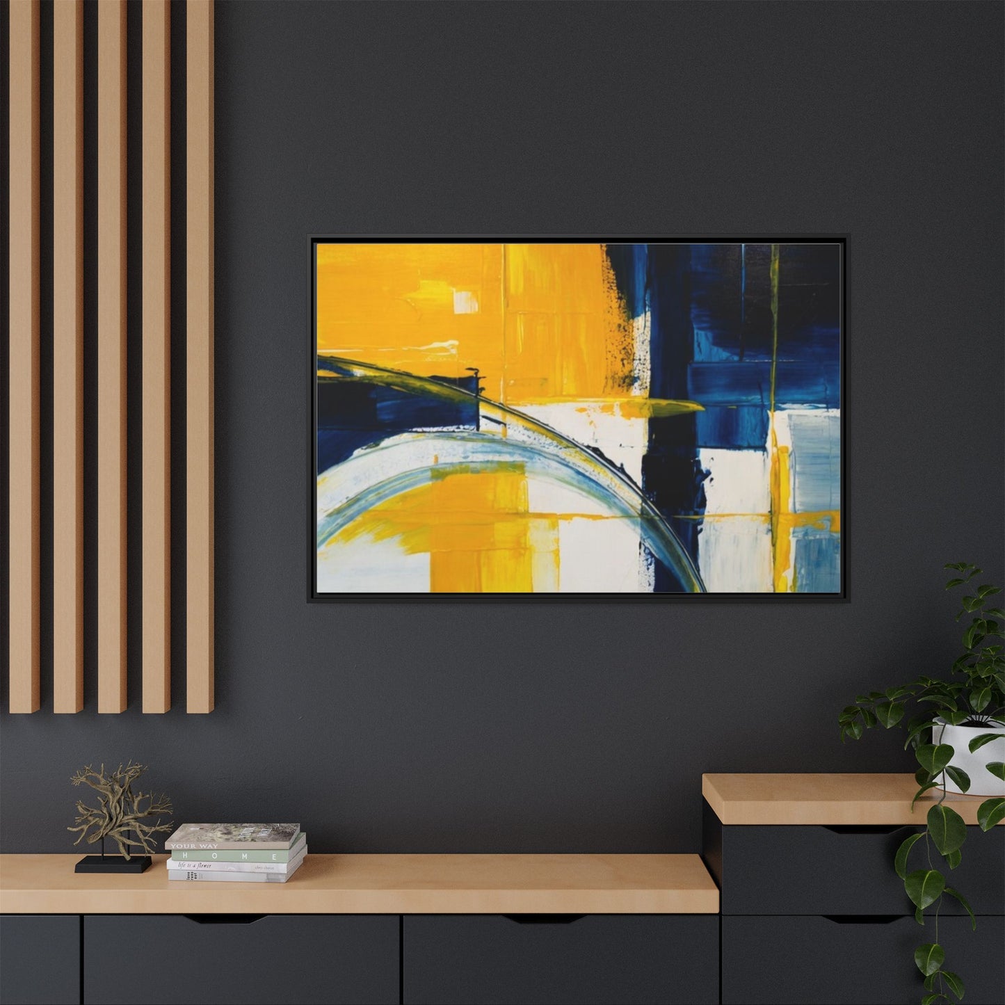 Abstract Yellow & Blue Framed Canvas Wall Art — Modern Matte Canvas Print