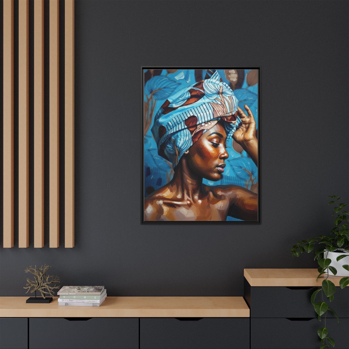Framed Canvas Art — Portrait of Woman in Blue Headwrap