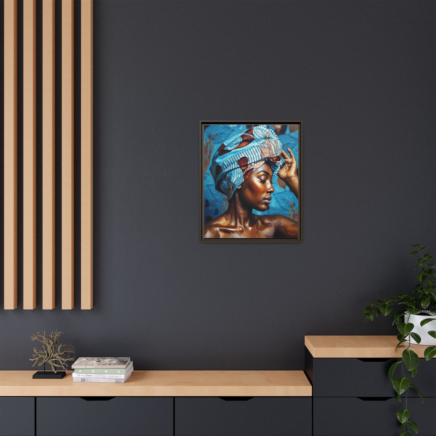 Framed Canvas Art — Portrait of Woman in Blue Headwrap