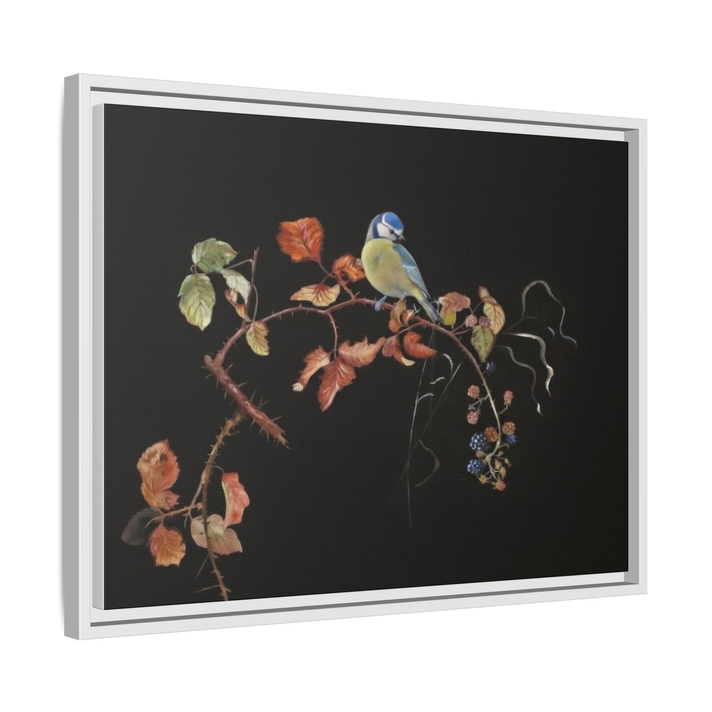 Framed Matte Canvas - Blue Tit on Autumn Branch Wall Art