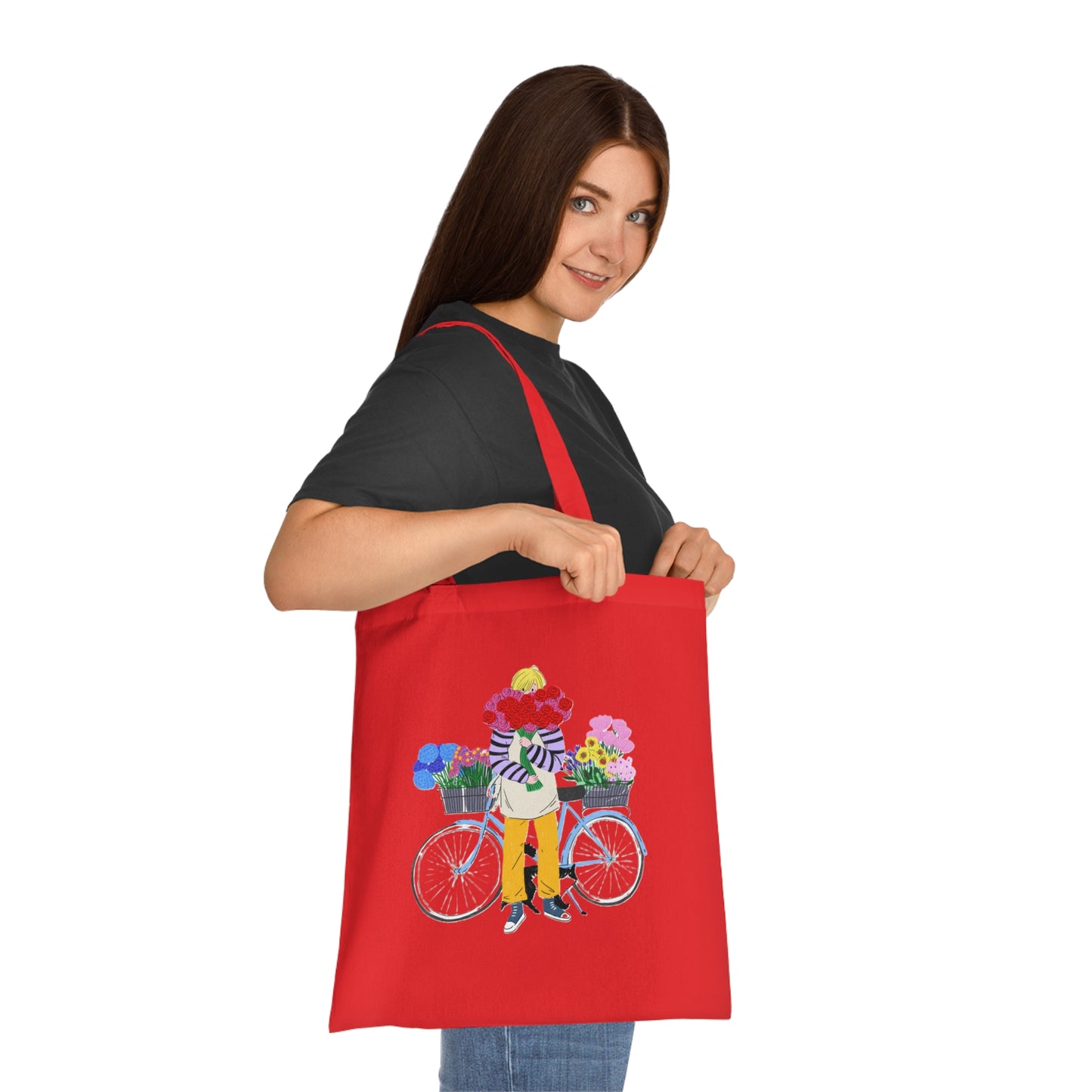 Floral Bike Tote Bag — Cotton Market Tote with Colorful Flower Bicycle Design