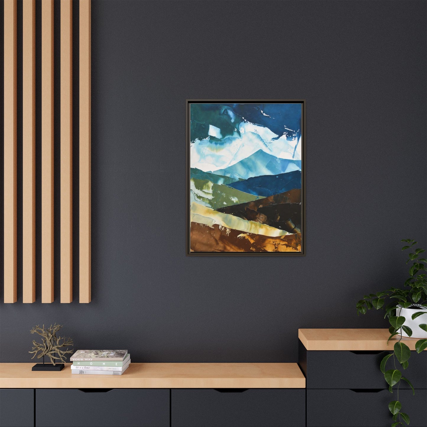 Framed Abstract Mountain Canvas Art — Blue & Earthtone Landscape Print