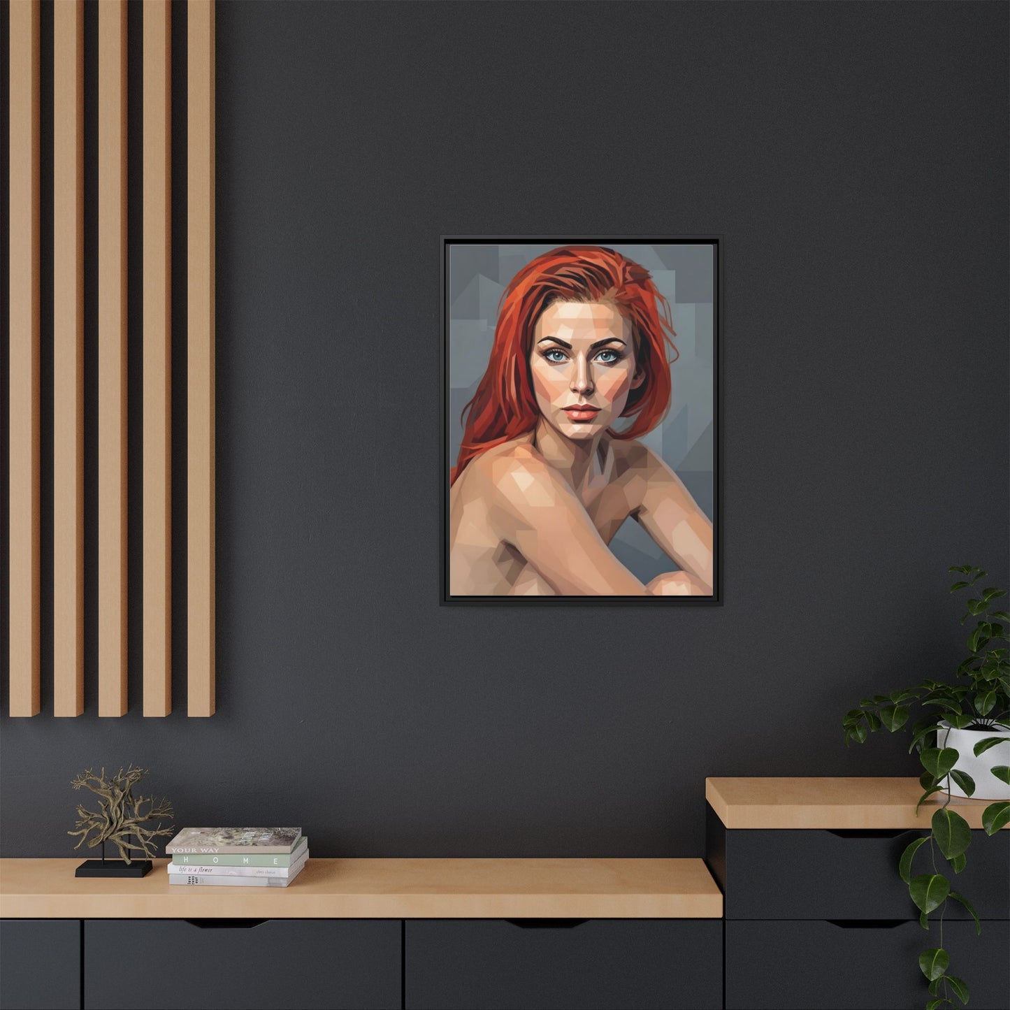 Framed Matte Canvas Portrait — Geometric Redhead Wall Art