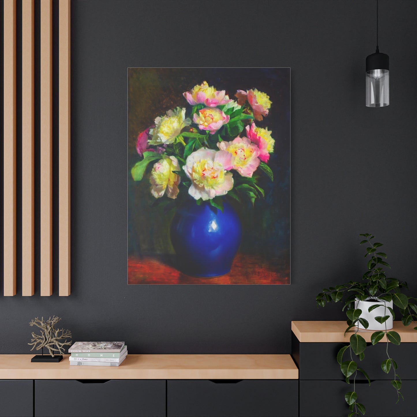 Peony Bouquet Canvas Print — Pink Peonies in Blue Vase, Stretched Matte Wall Art
