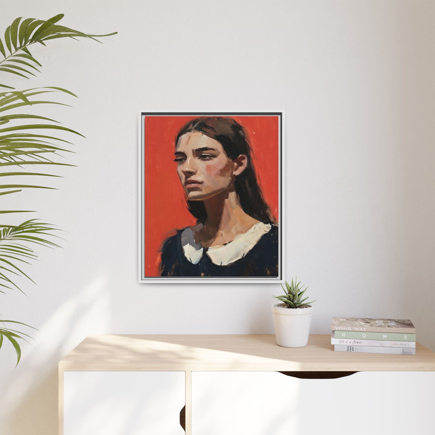 Framed Matte Canvas Portrait Print — Moody Red Figurative Art
