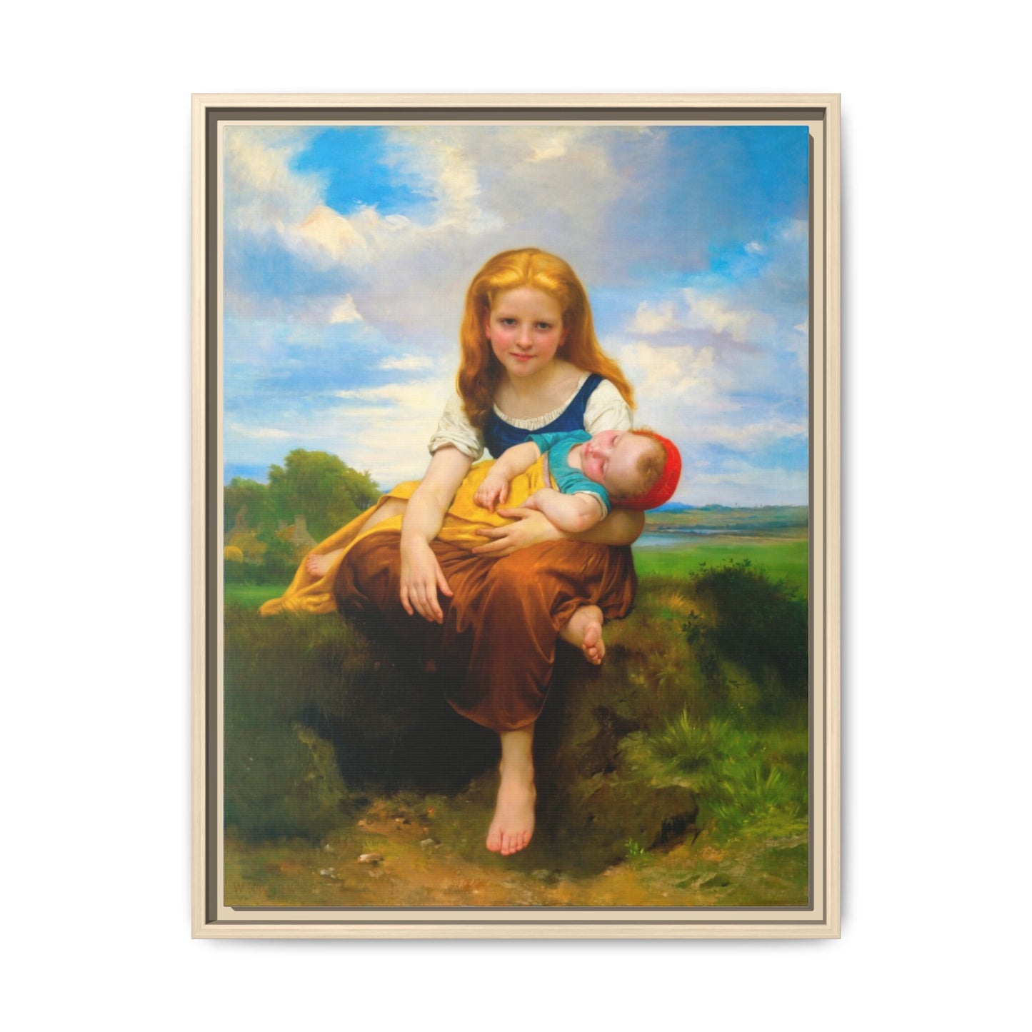 Young Girl Holding Sleeping Baby Canvas Print, Framed Wall Art