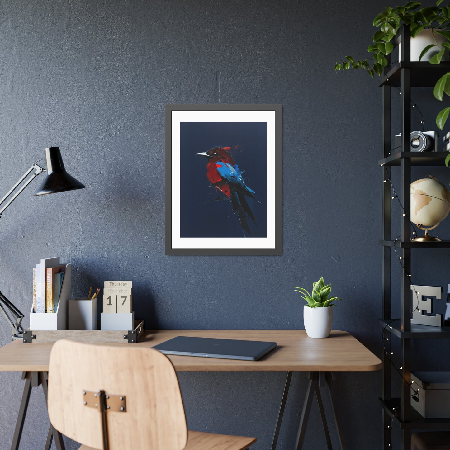 Framed Bird Art Print — Modern Red & Blue Kingfisher Poster