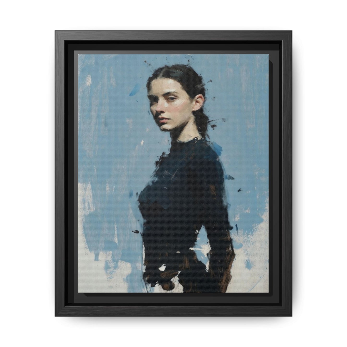 Framed Matte Canvas Portrait Print — Elegant Blue Woman Art