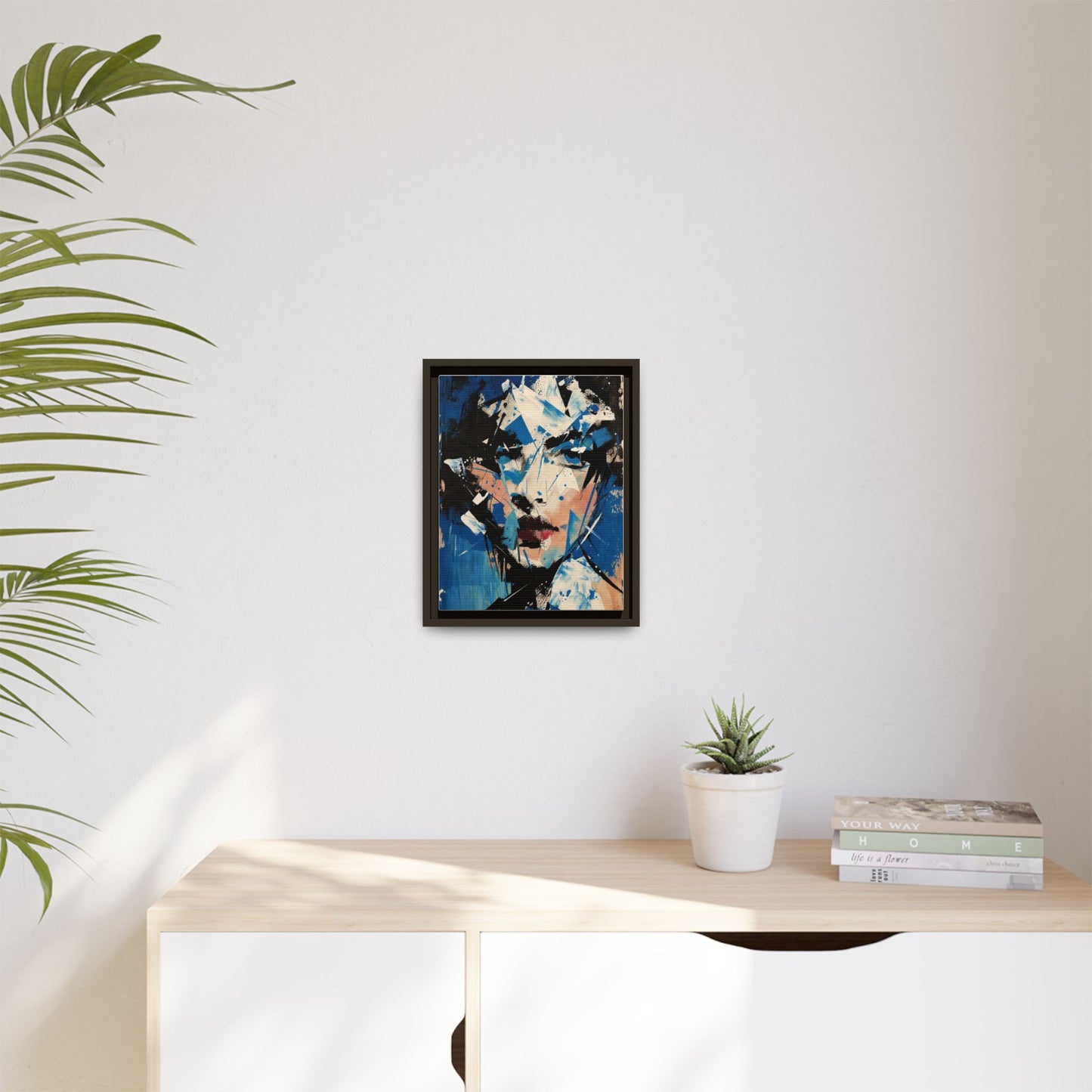 Abstract Portrait Matte Canvas Framed Wall Art — Blue Mixed-Media Face Print
