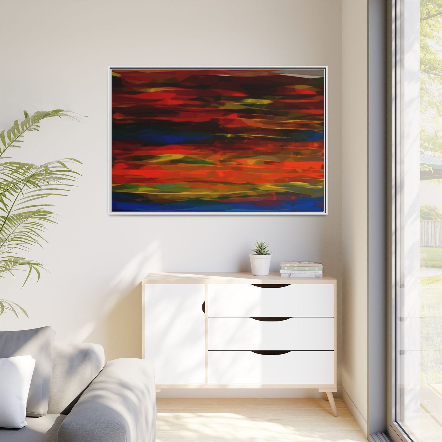Abstract Multi-Color Matte Canvas Framed Wall Art — Bold Red & Blue Modern Painting