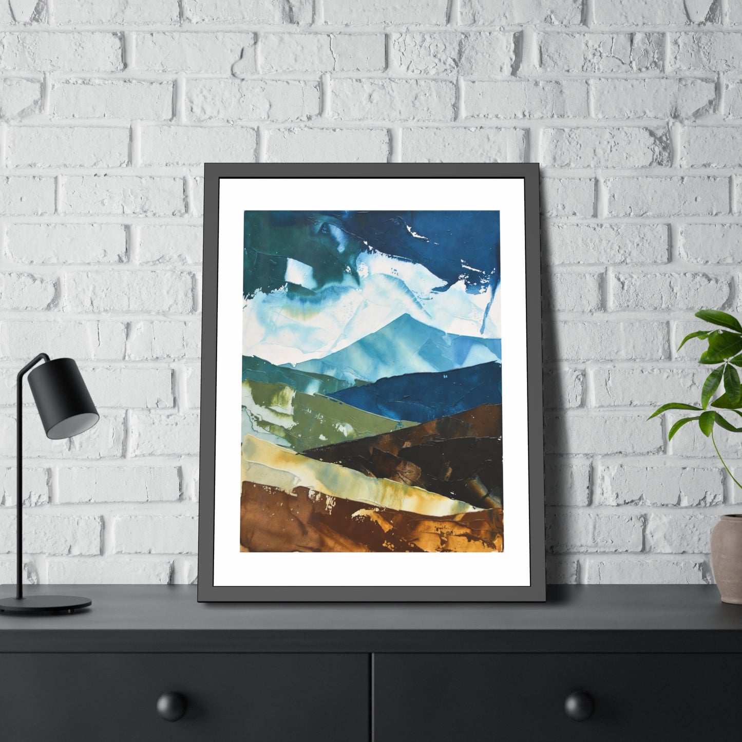 Framed Abstract Mountain Art Print – Blue & Earthtone Layered Landscape Poster