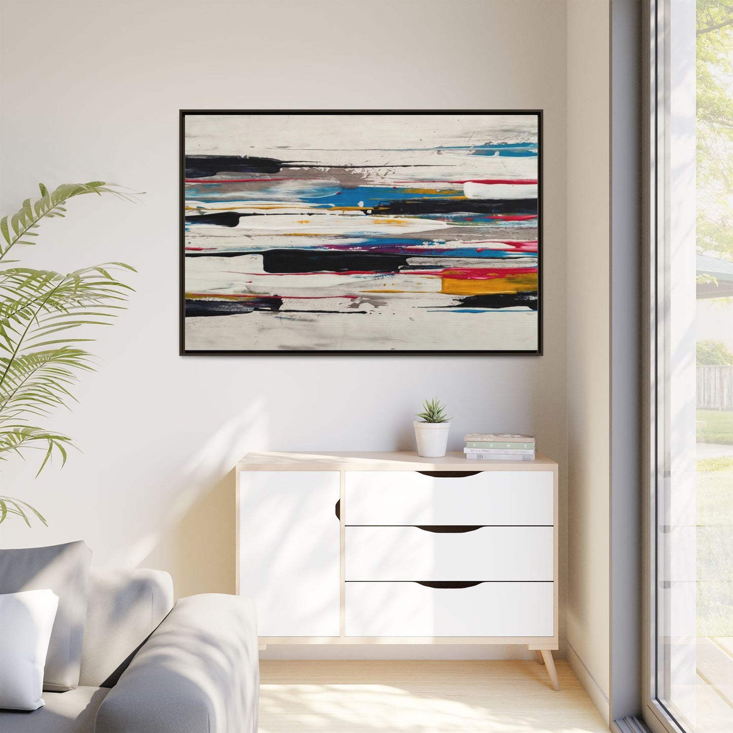 Abstract Multi-Color Framed Canvas Wall Art — Modern Horizontal Brushstroke Print