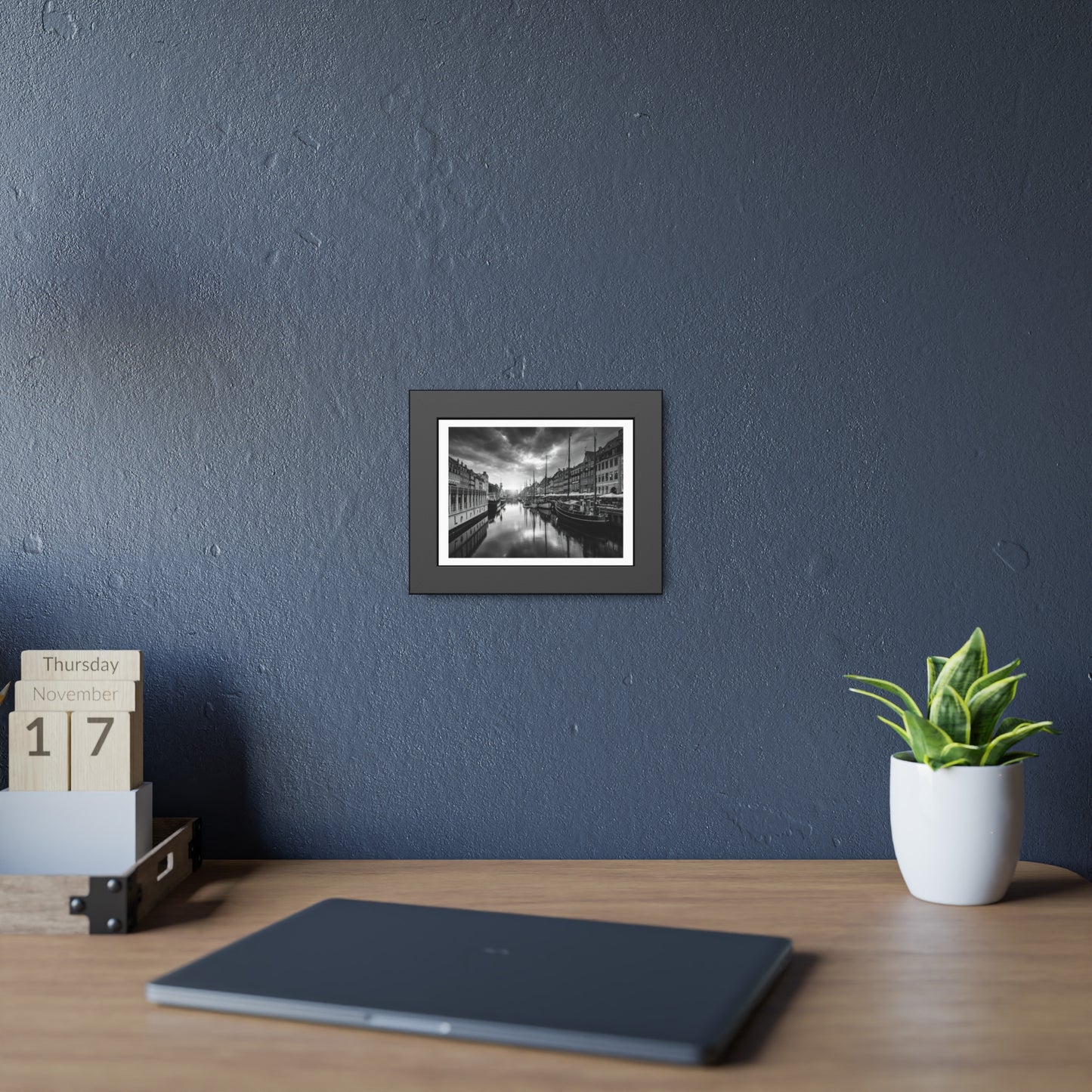 Black & White Dutch Canal Framed Photo Print — Nautical Cityscape Wall Art