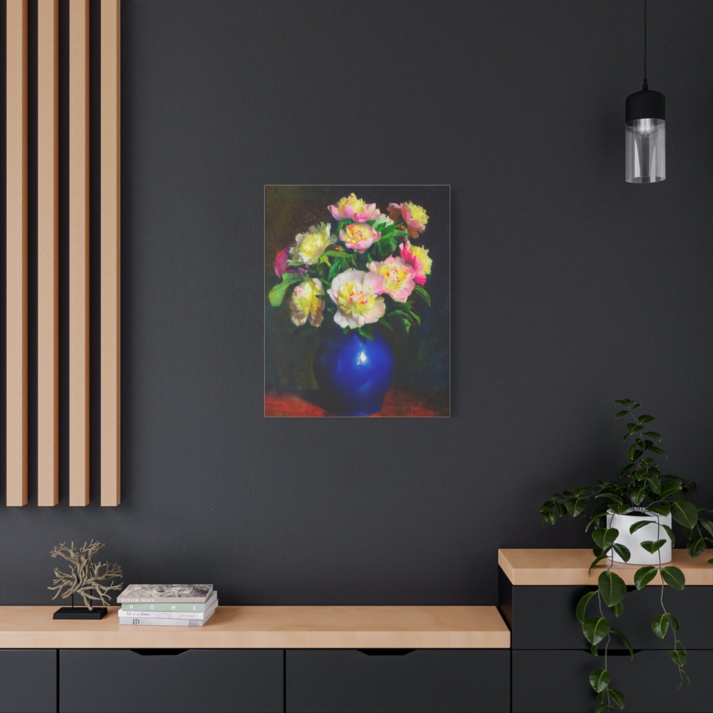 Peony Bouquet Canvas Print — Pink Peonies in Blue Vase, Stretched Matte Wall Art