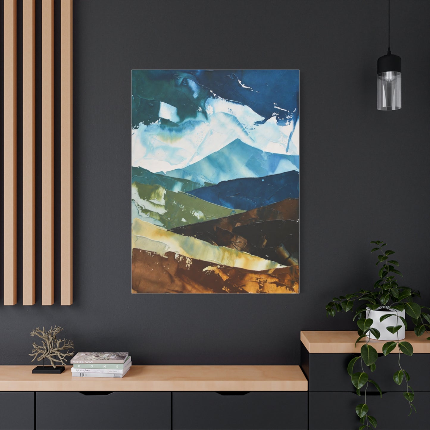 Abstract Mountain Landscape Matte Canvas Wall Art — Blue & Earth Tone Stretched Canvas