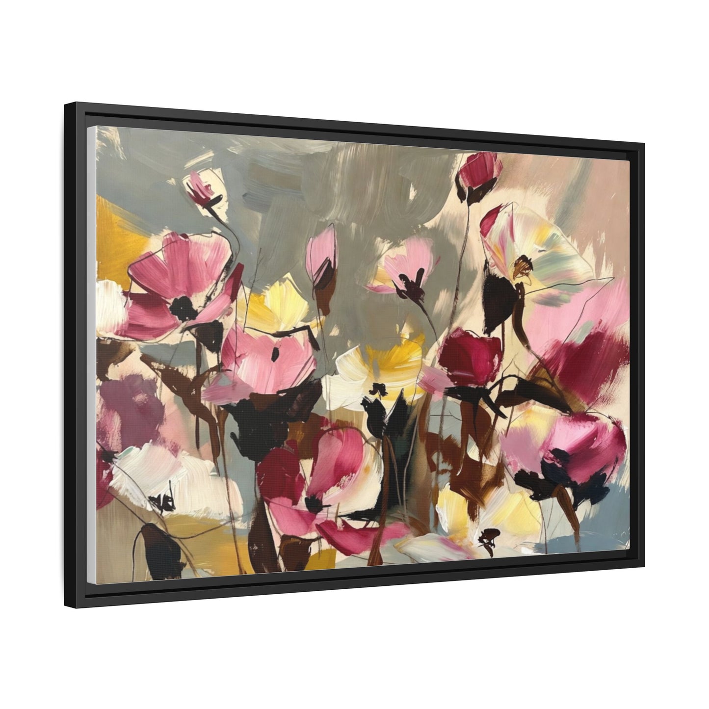 Framed Floral Canvas Wall Art — Abstract Pink & Yellow Flowers