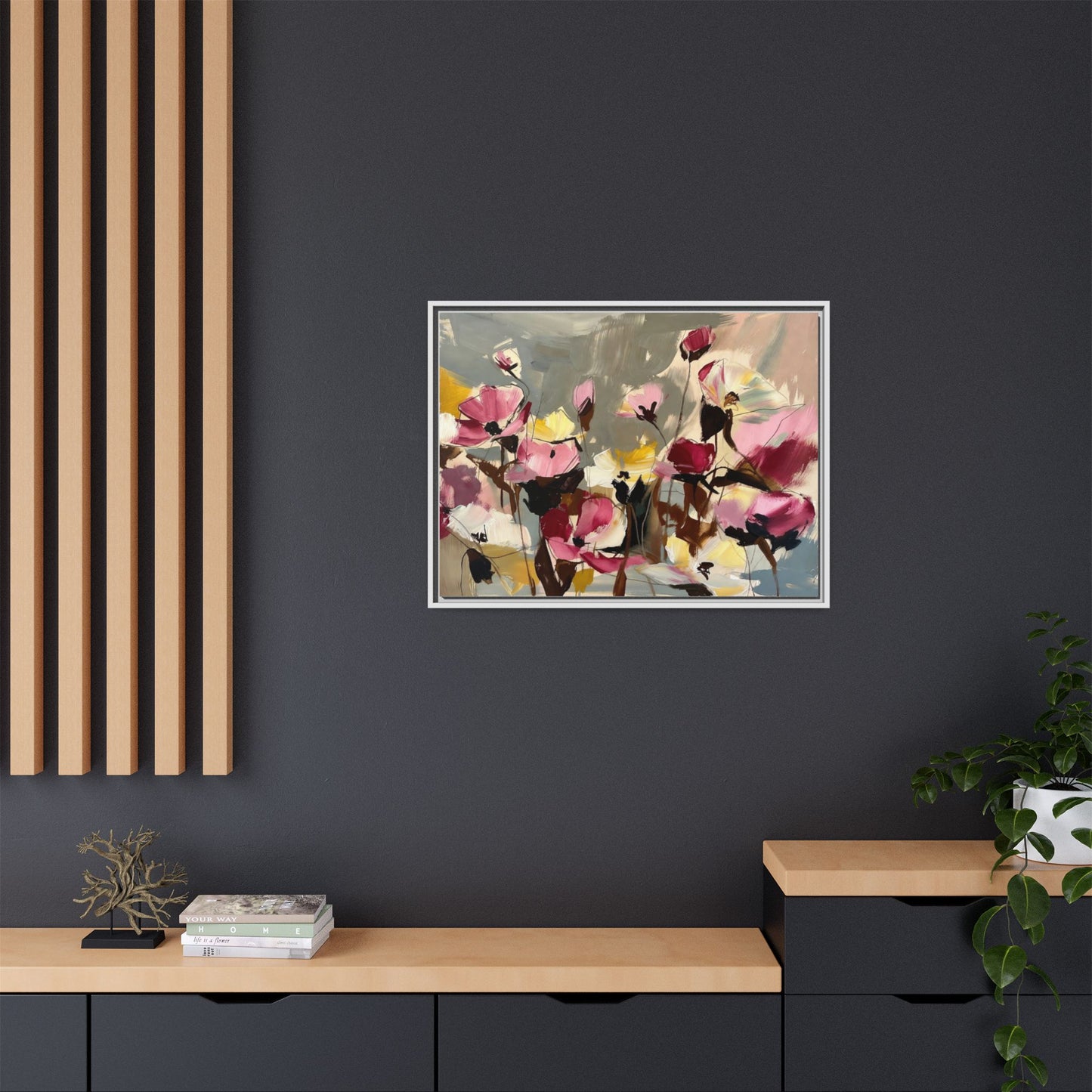 Framed Floral Canvas Wall Art — Abstract Pink & Yellow Flowers