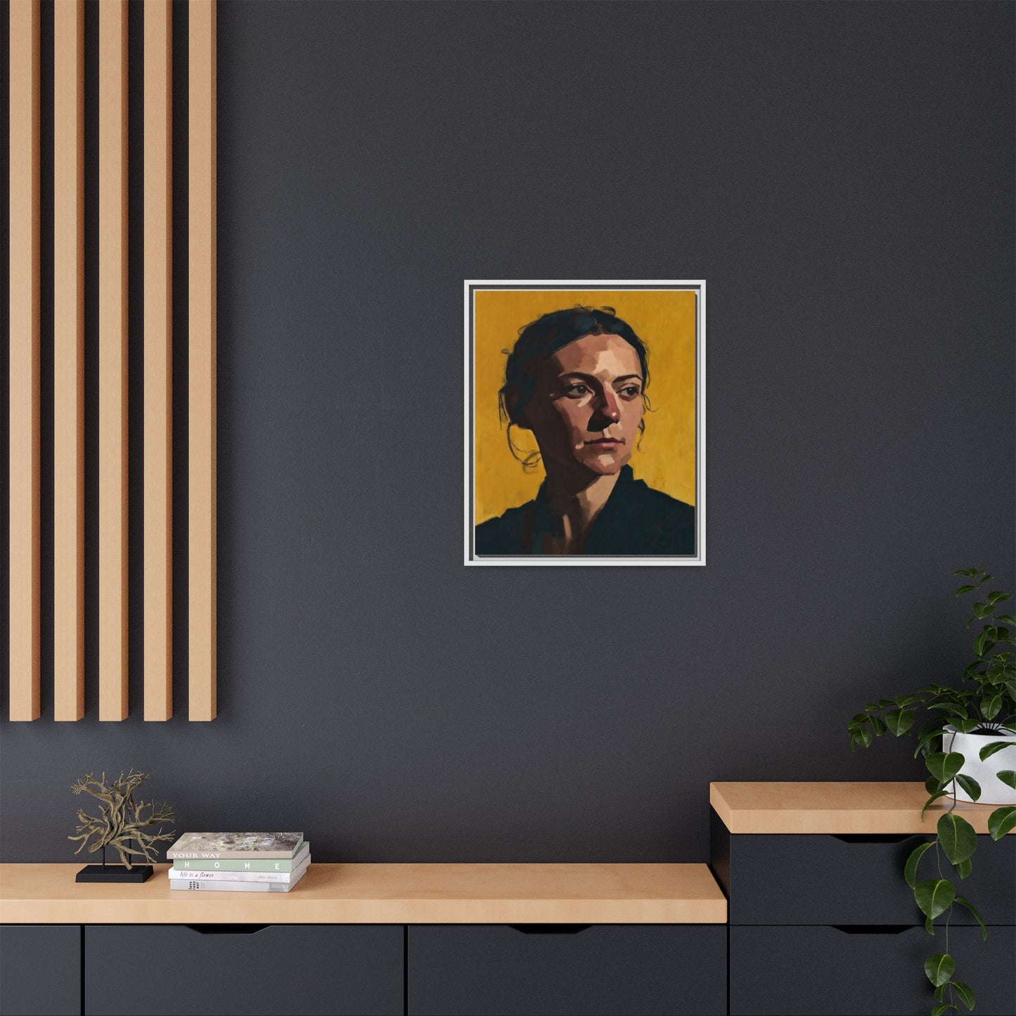 Framed Matte Canvas Portrait Art — Moody Woman on Mustard Background