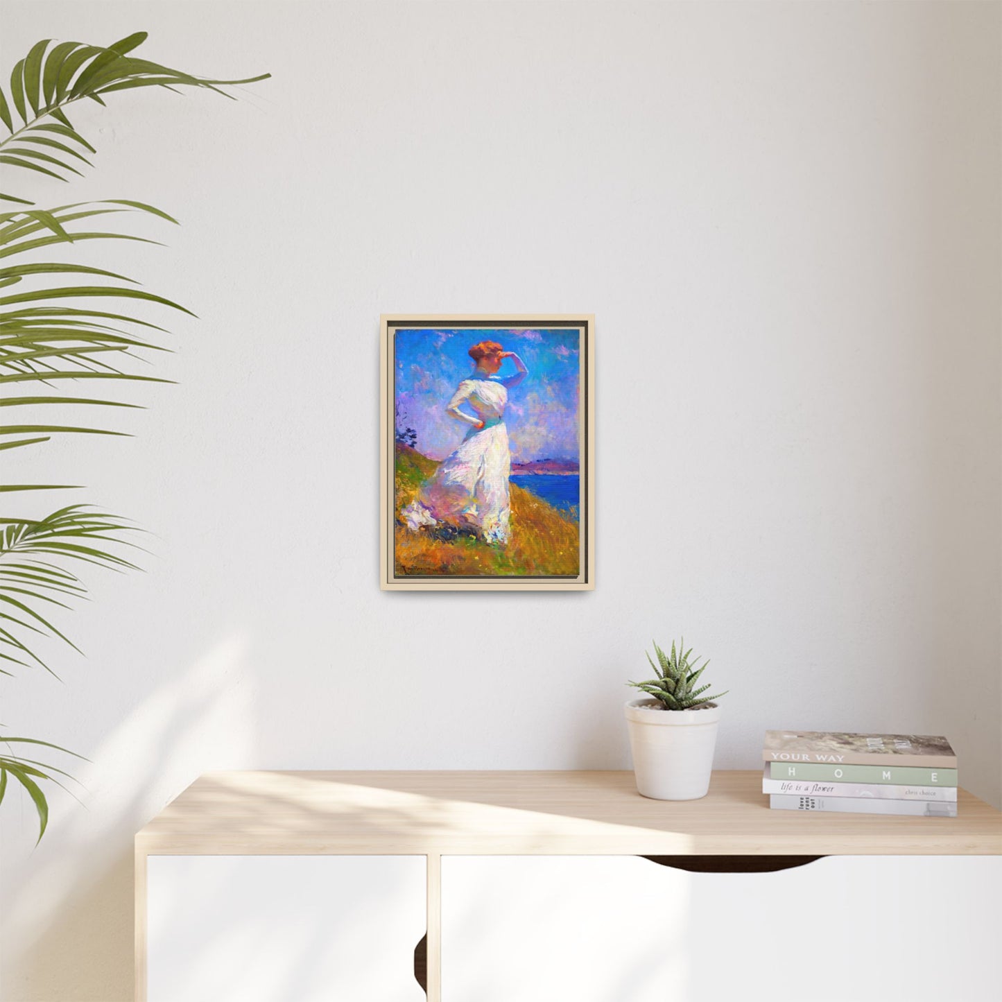 Framed Matte Canvas Art - Woman in White Seaside Impressionist Print