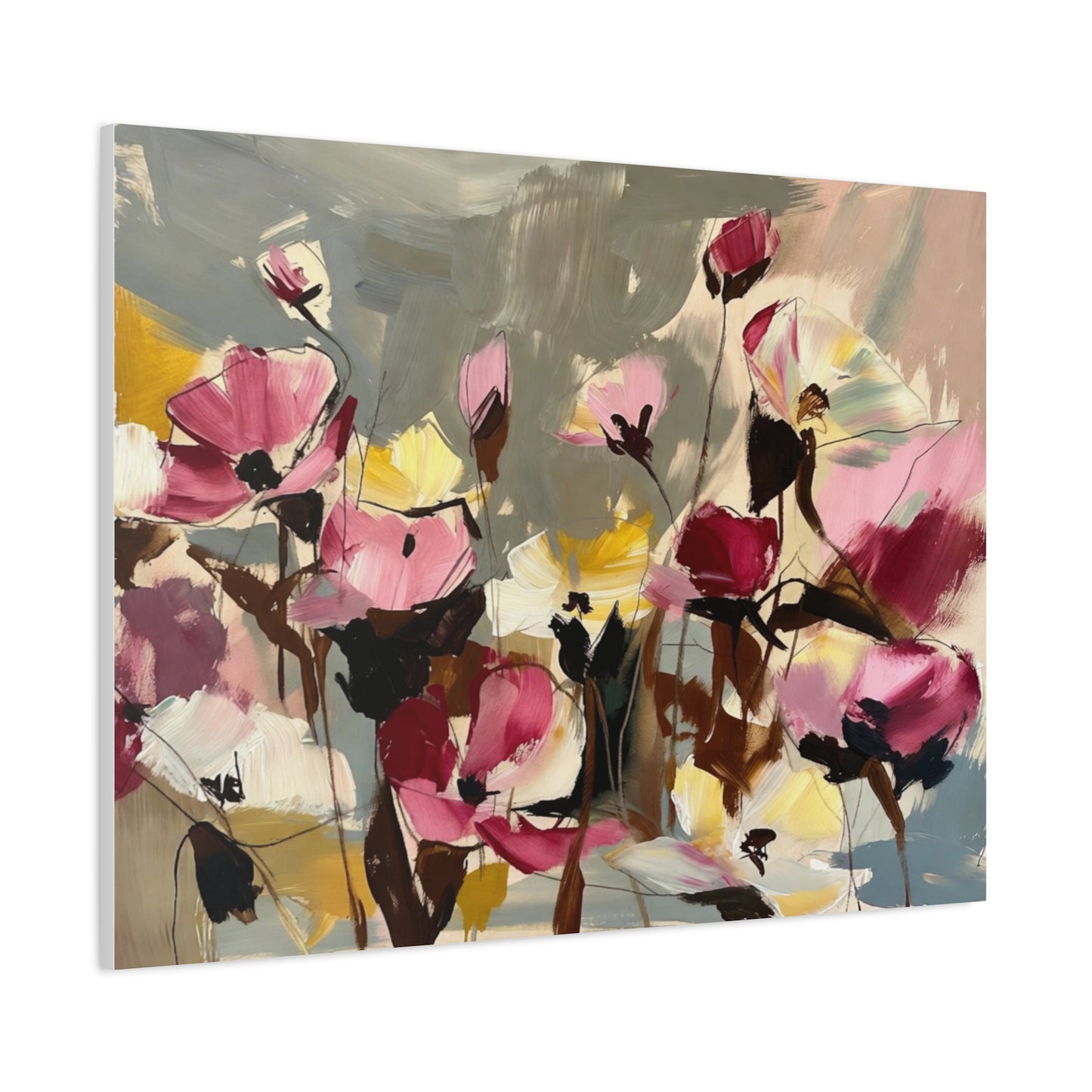Floral Abstract Canvas Wall Art — Pink & Yellow Bloom Stretched Matte Print