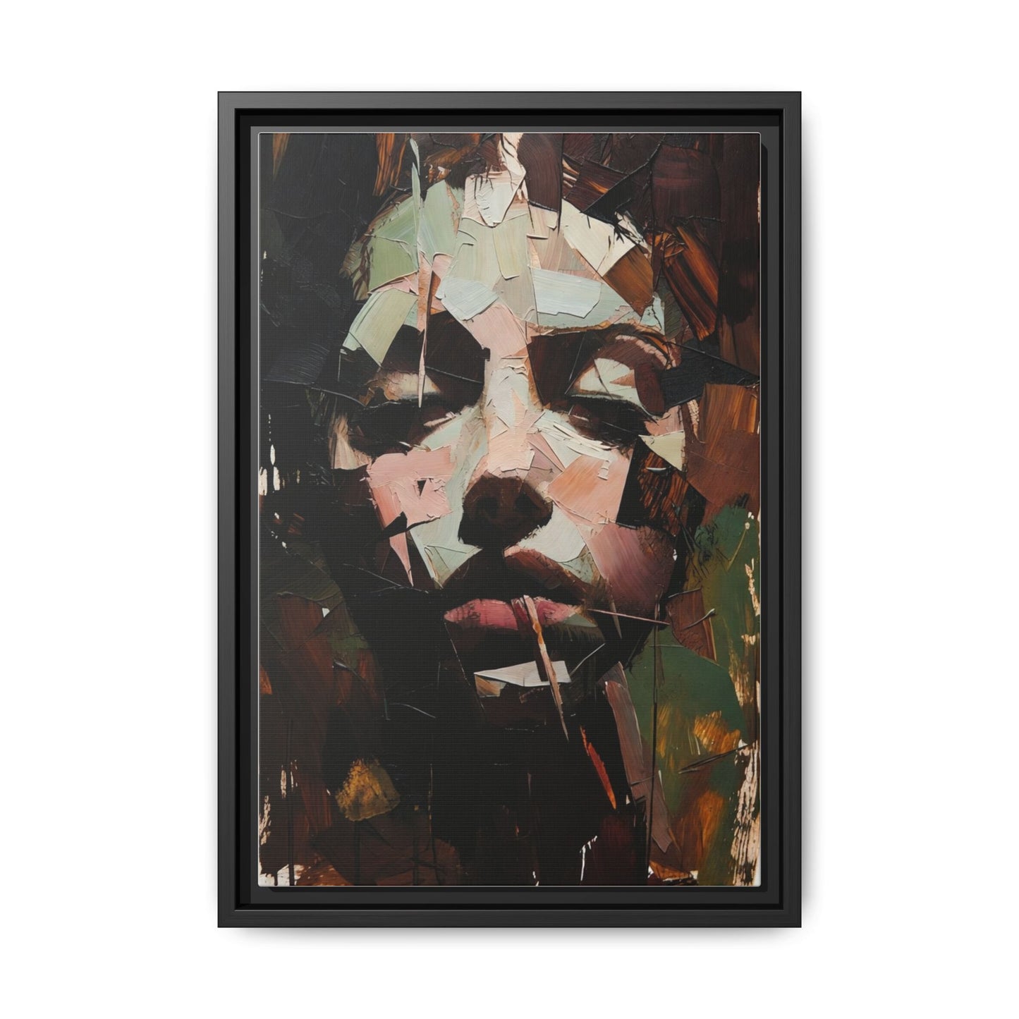 Matte Framed Canvas Art — Abstract Female Portrait, Moody Multicolor