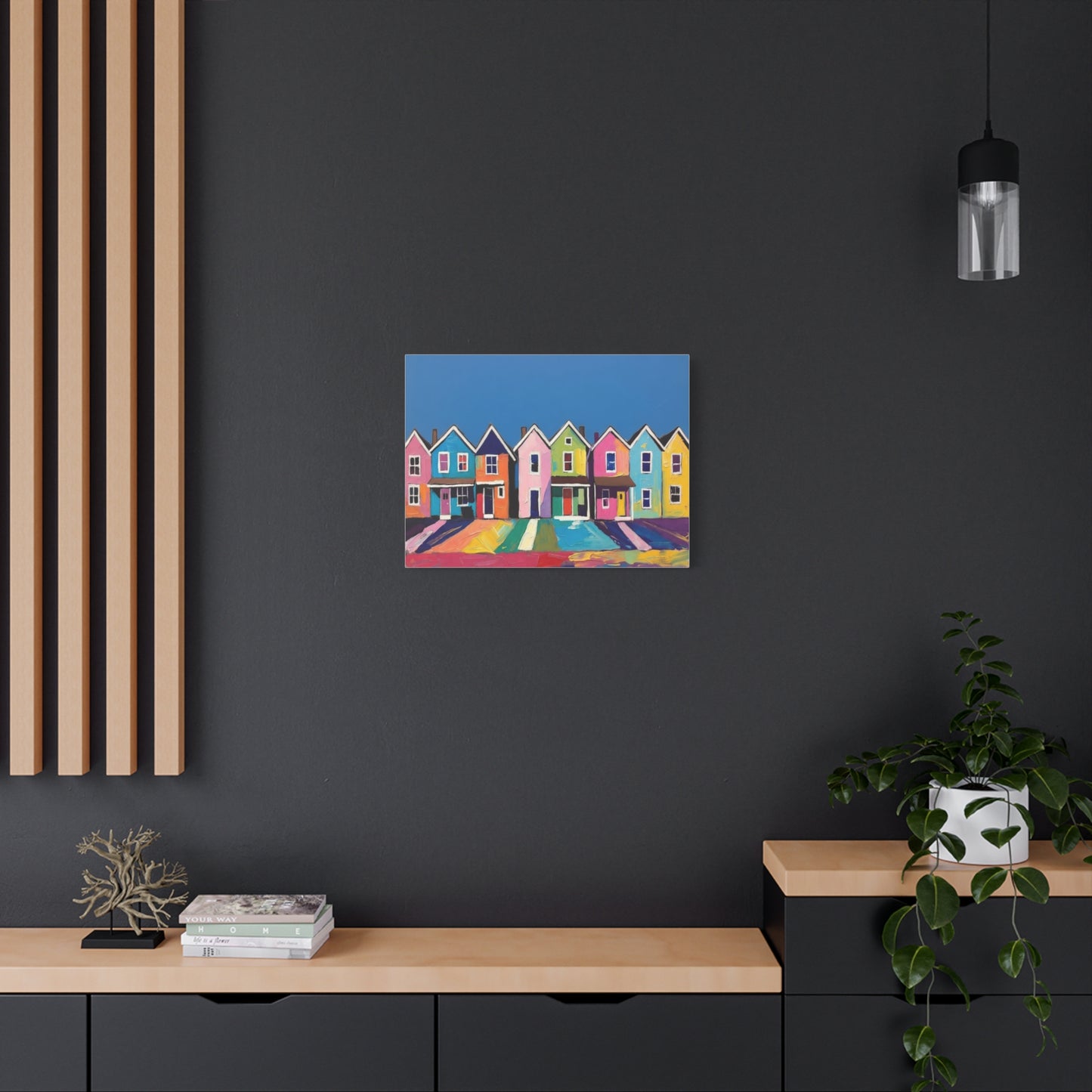 Colorful Row Houses Matte Canvas Print Vibrant Coastal Neighborhood Wall Art