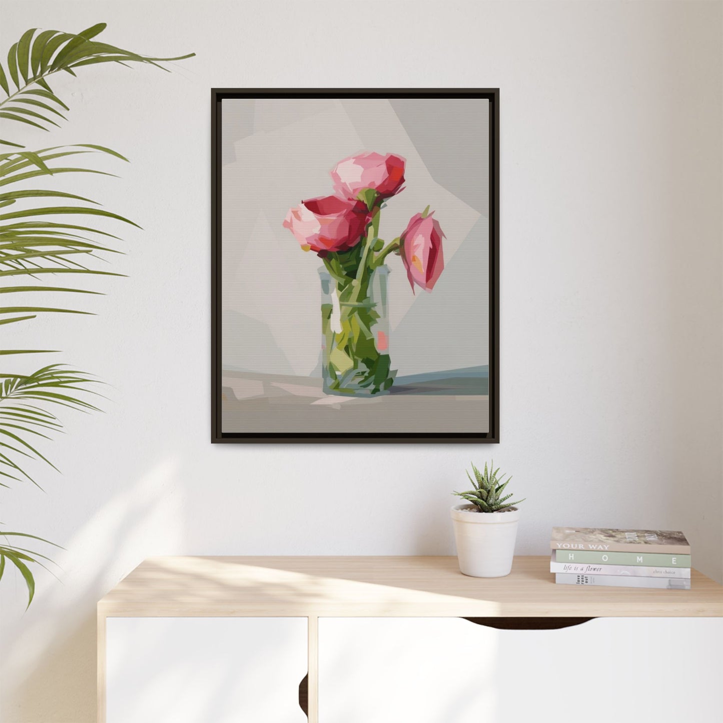 Framed Canvas Art — Pink Roses in Vase, Modern Floral Wall Print
