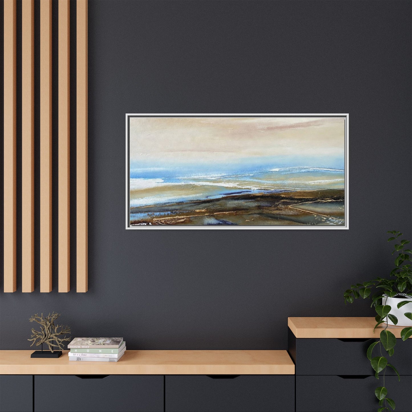 Framed Abstract Seascape Matte Canvas — Coastal Blue & Earth Tone Wall Art