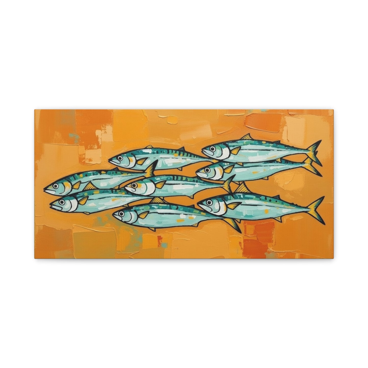 School of Mackerel Canvas Wall Art — Nautical Fish Painting on Orange Background