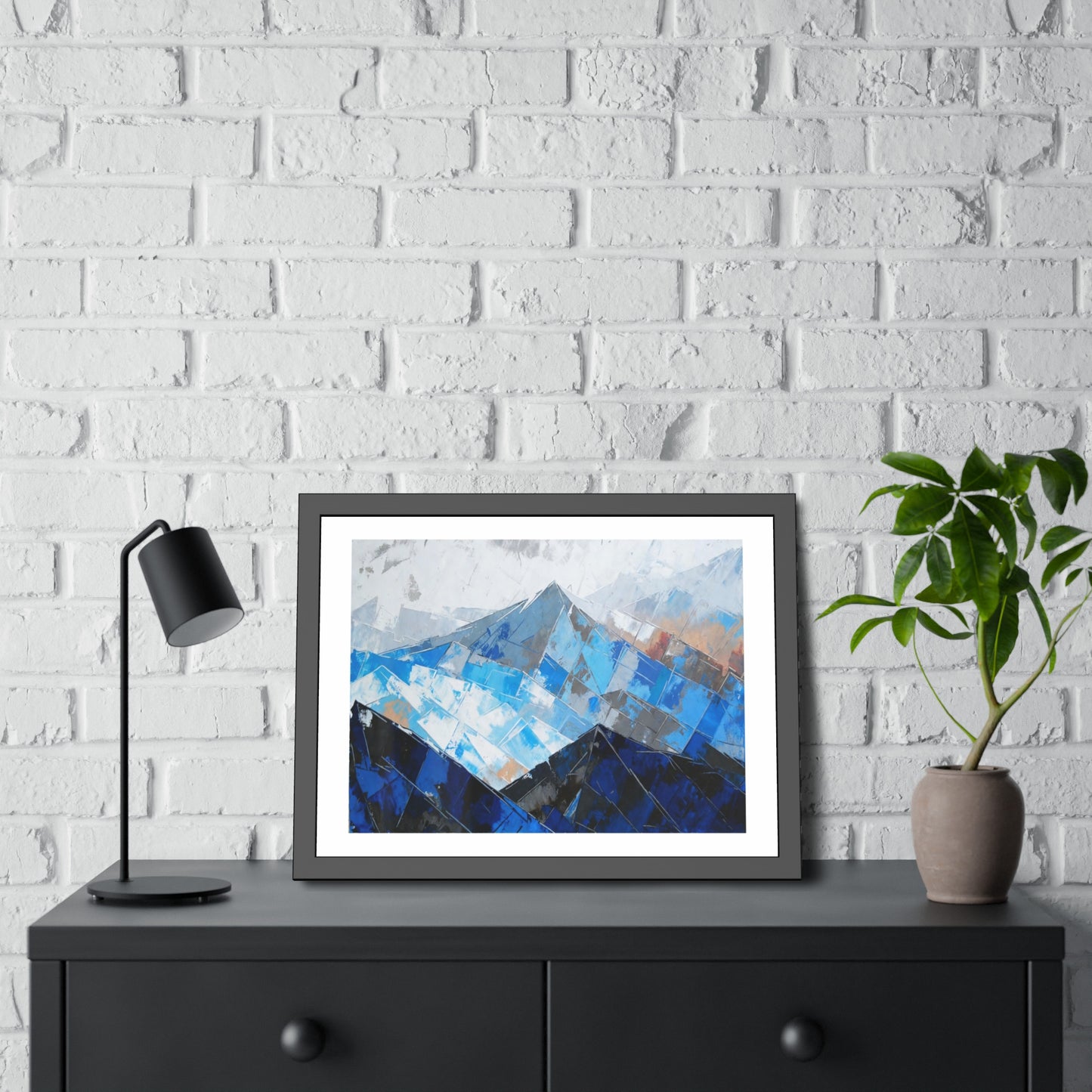 Framed Mountain Art Print — Blue Abstract Landscape Poster