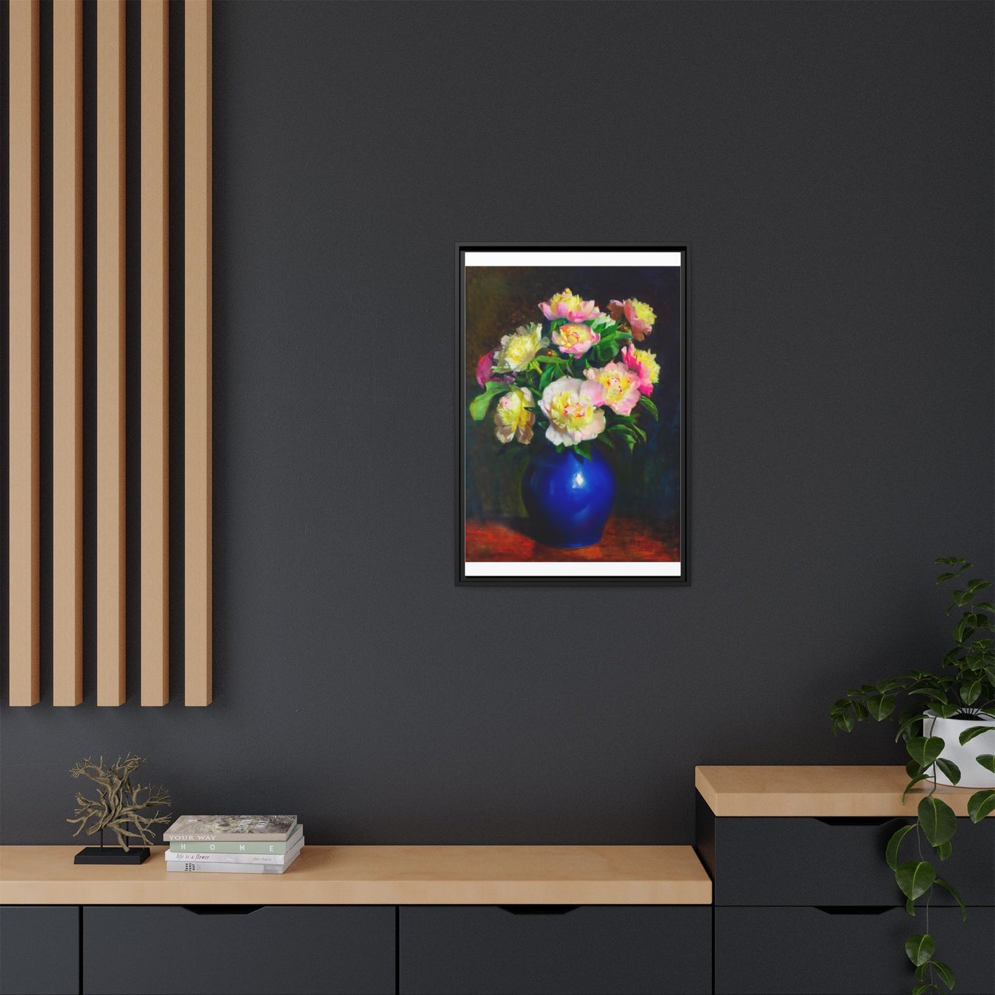 Framed Matte Canvas Wall Art — Vintage Floral Bouquet in Blue Vase