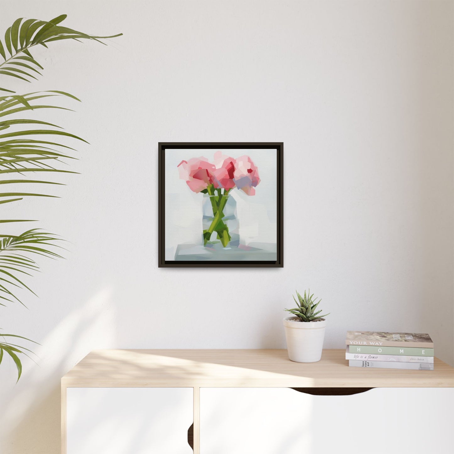 Framed Floral Canvas Art — Pink Peonies in Vase (Matte)