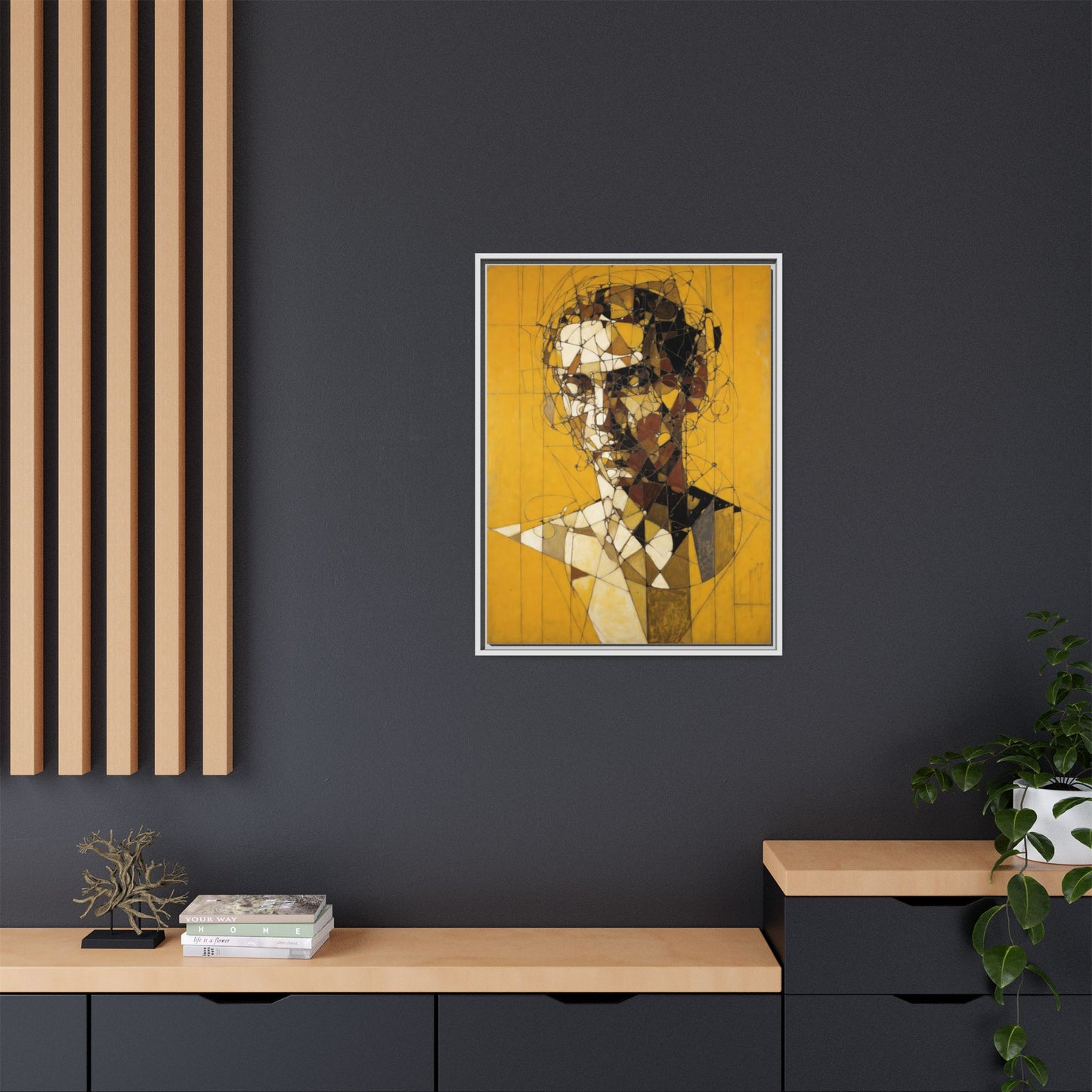 Framed Matte Canvas Art - Abstract Geometric Portrait on Mustard Yellow