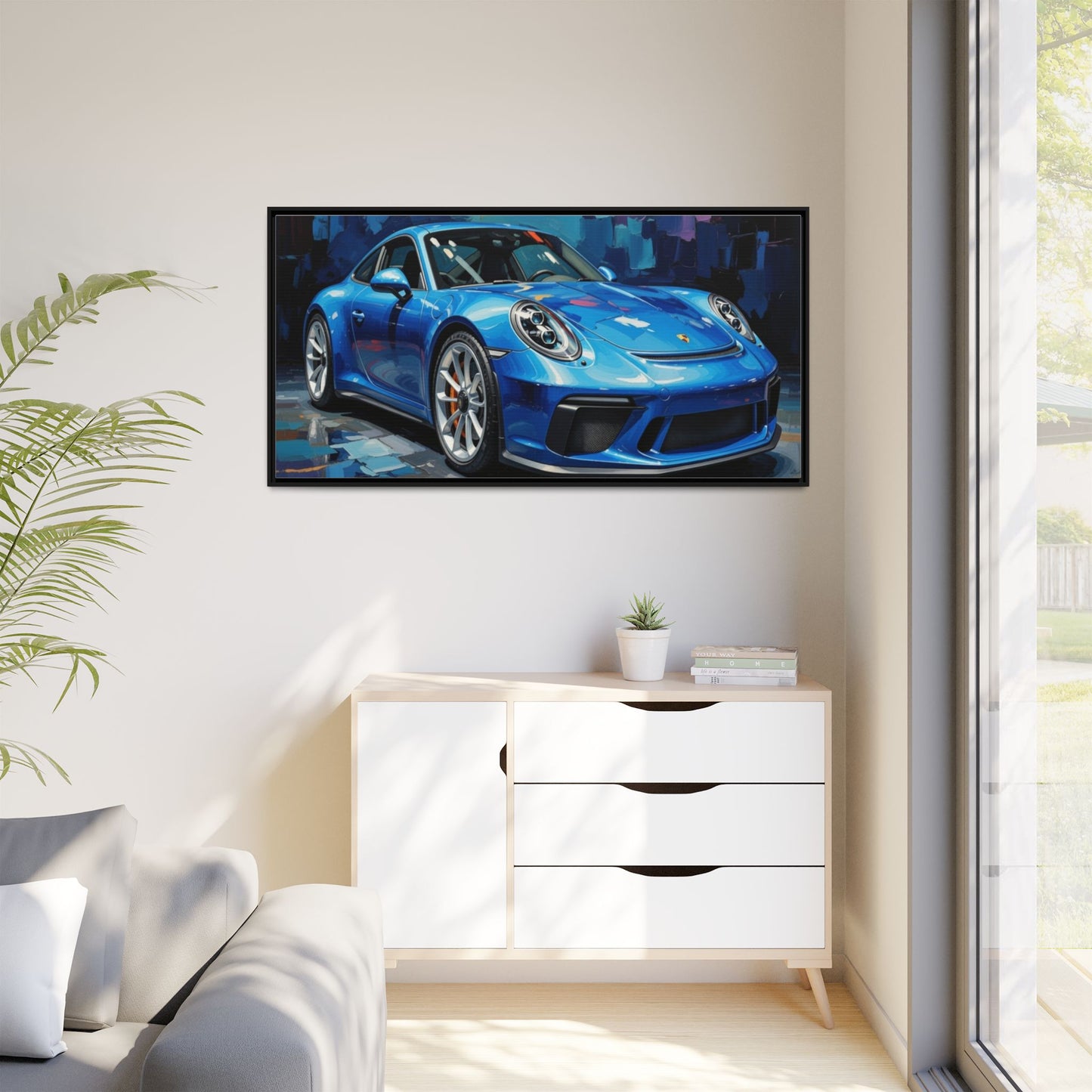 Blue Sports Car Matte Canvas Framed Print — Modern Automotive Wall Art