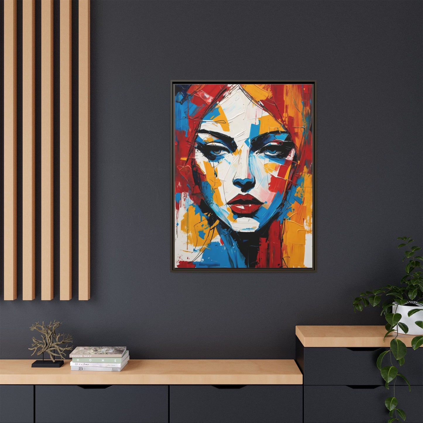 Framed Abstract Portrait Canvas — Colorful Female Face Wall Art