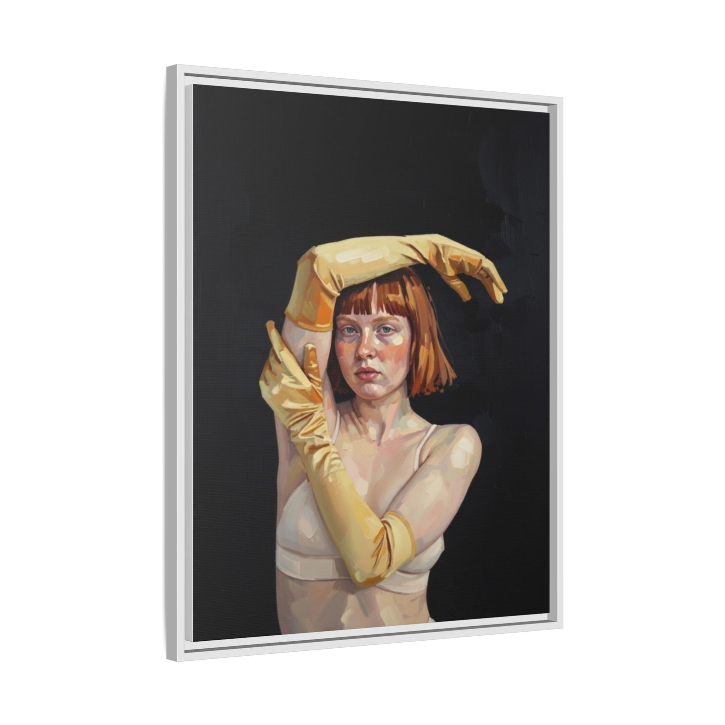 Framed Matte Canvas Art – Portrait of Woman in Yellow Gloves