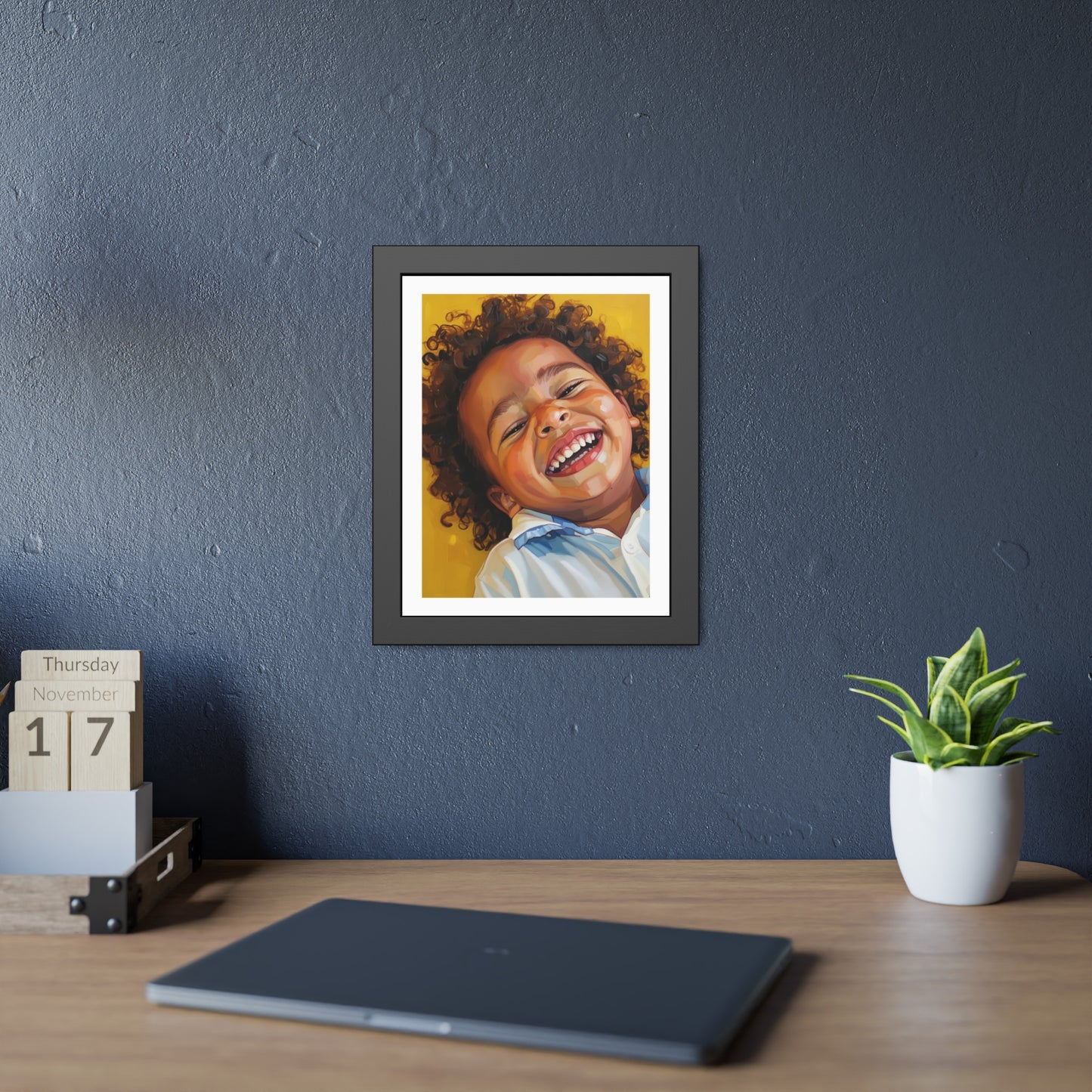 Framed Poster — Joyful Laughing Child Portrait, Colorful Nursery Wall Art