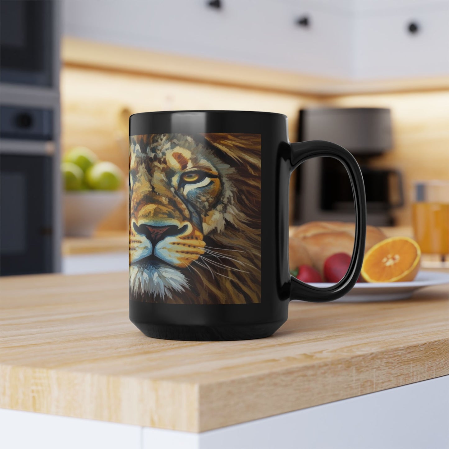 Lion Portrait Black Ceramic Mug — Majestic Wildlife Coffee Cup (11oz, 15oz)