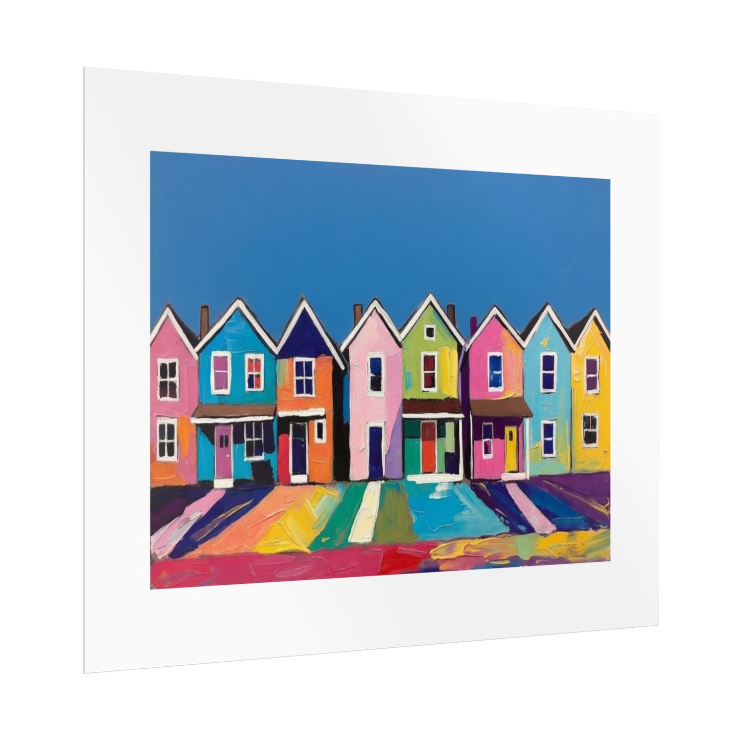 Colorful Row Houses Art Poster — Vibrant Coastal Street Wall Print