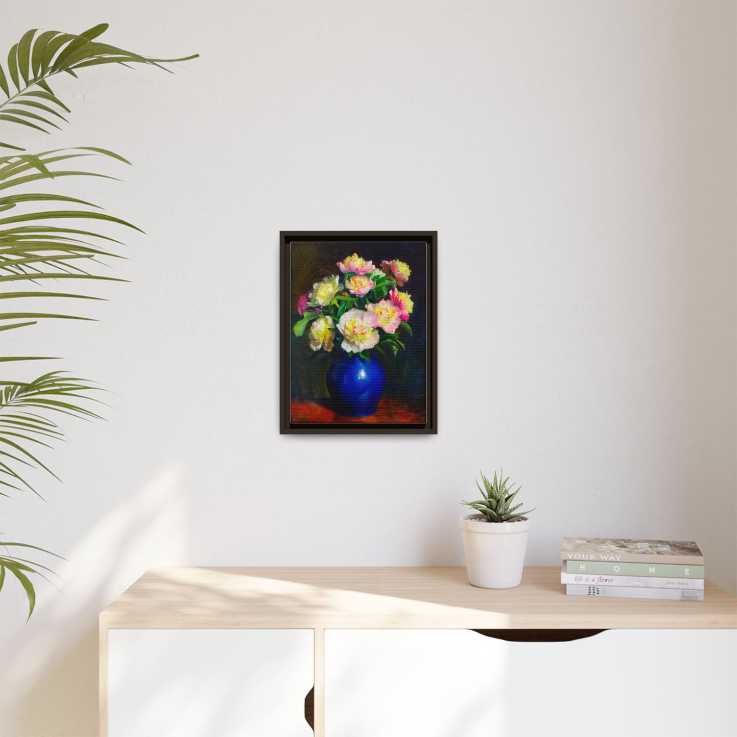 Framed Matte Canvas Wall Art — Vintage Floral Bouquet in Blue Vase