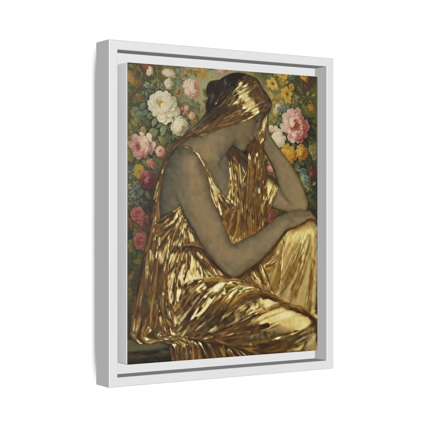 Framed Canvas Art Print — Golden Muse Woman with Floral Background